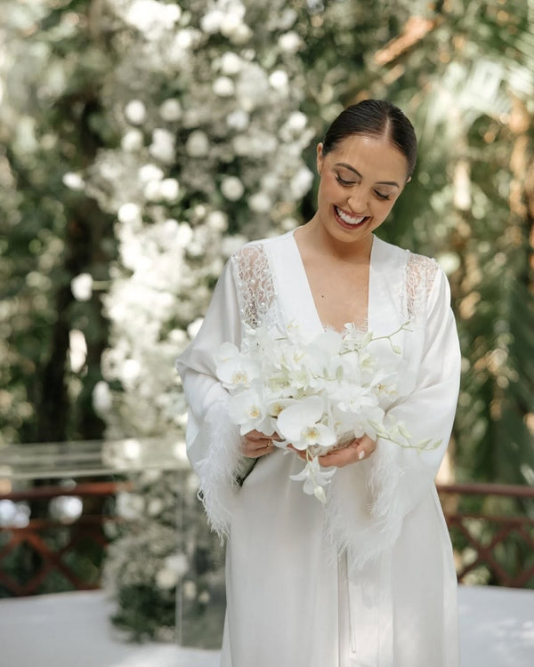 Robe Midi Cetim Lune Blanche em Plumas e Pérola | Últimas unidades
