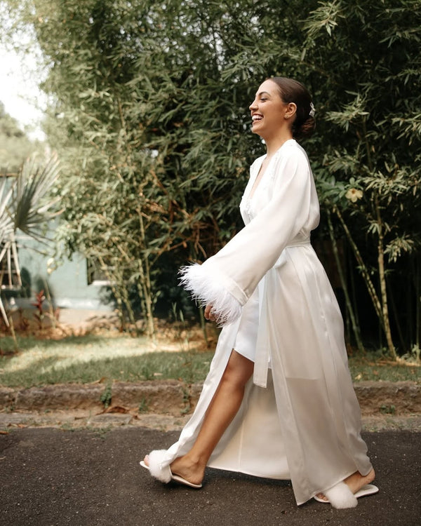 Robe Midi Cetim Lune Blanche em Plumas e Pérola | Últimas unidades