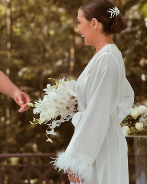 Robe Midi Cetim Lune Blanche em Plumas e Pérola | Últimas unidades