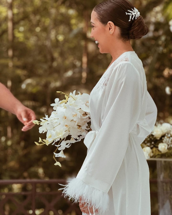 Robe Midi Cetim Lune Blanche em Plumas e Pérola | Últimas unidades