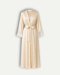 Conjunto Champagne Nuit Camisola, Robe e Calcinha em Cetim com Renda