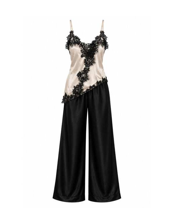 Pijama Dentelle d'Or — Slip Top, Calça Longa em Cetim & Calcinha