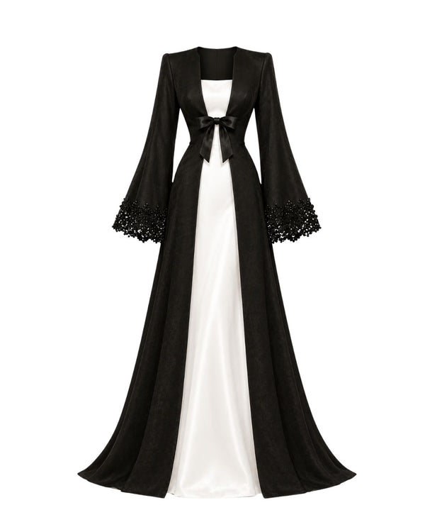 Conjunto Échiquier — Camisola, Robe Longo em Cetim & Calcinha