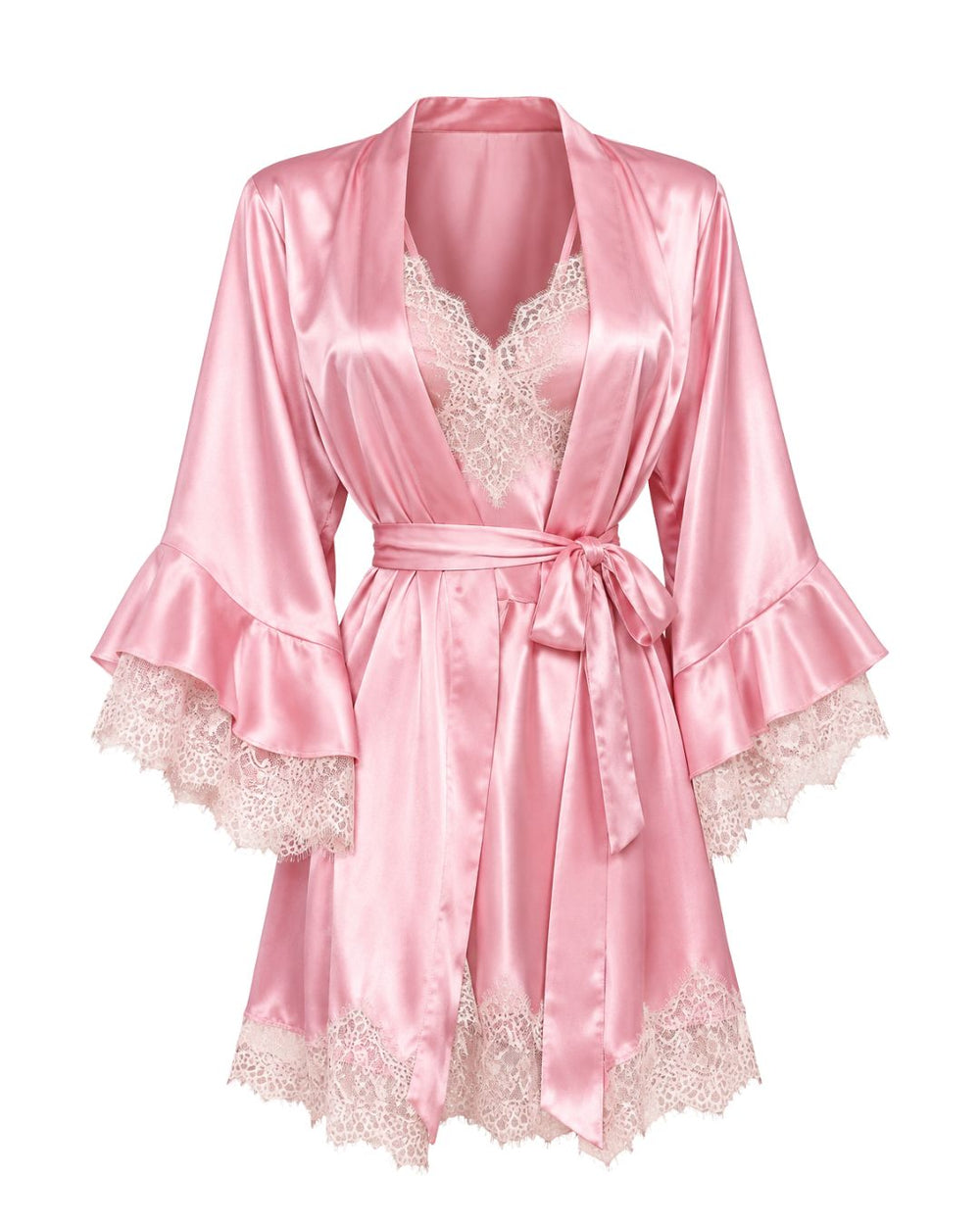 Conjunto La Duquese — Camisola, Robe Curta em Cetim com Renda & Calcinha