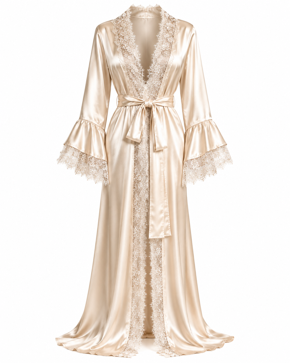 Conjunto Champagne Nuit Camisola, Robe e Calcinha em Cetim com Renda