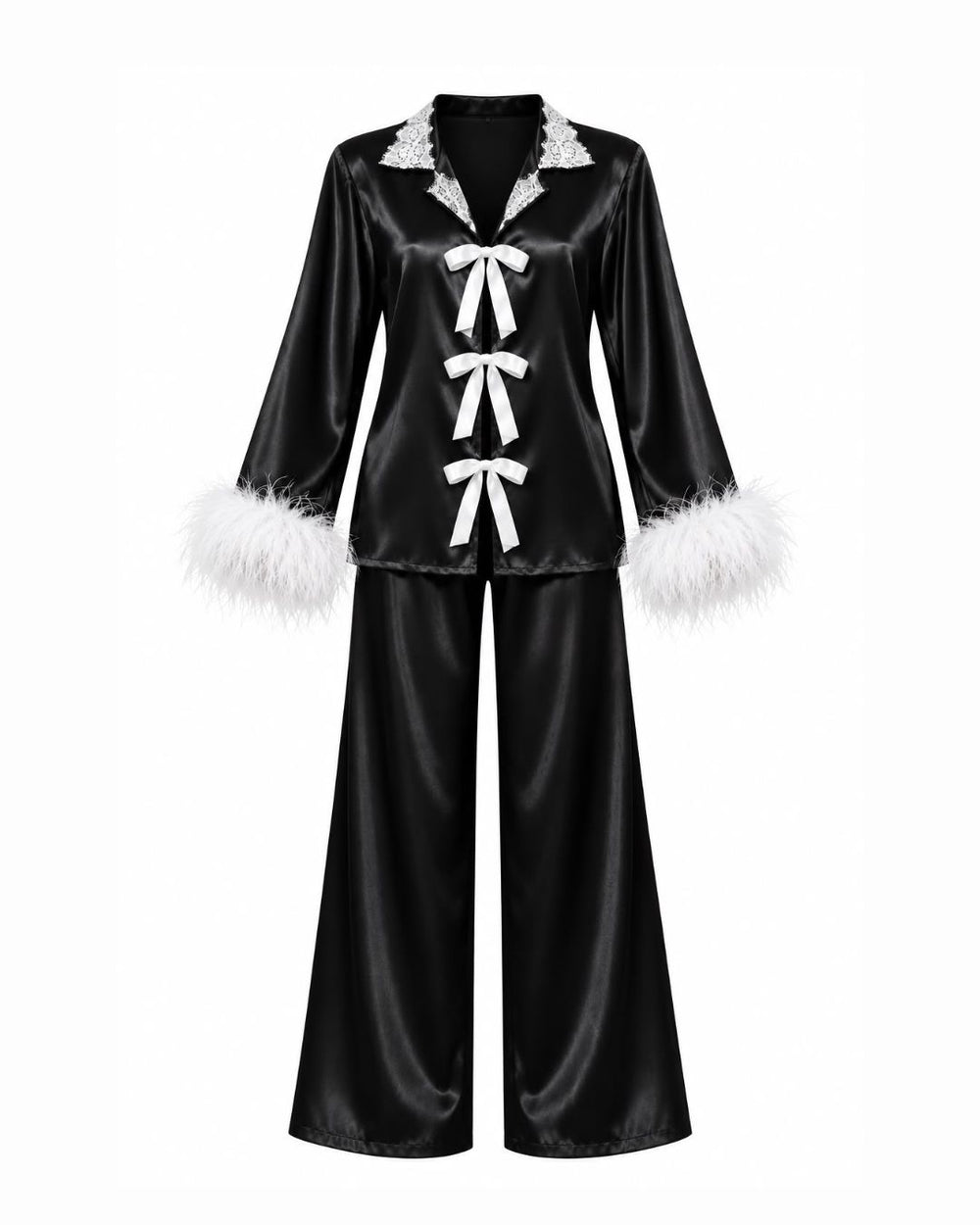 Pijama L'Opera Slip Top, Calça Longa em Cetim, Plumas & Calcinha