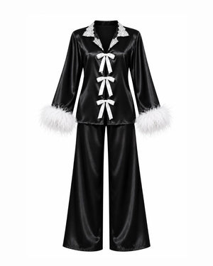 Pijama L'Opera Slip Top, Calça Longa em Cetim, Plumas & Calcinha