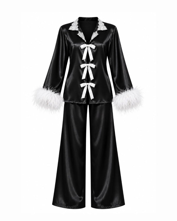 Pijama L'Opera Slip Top, Calça Longa em Cetim, Plumas & Calcinha